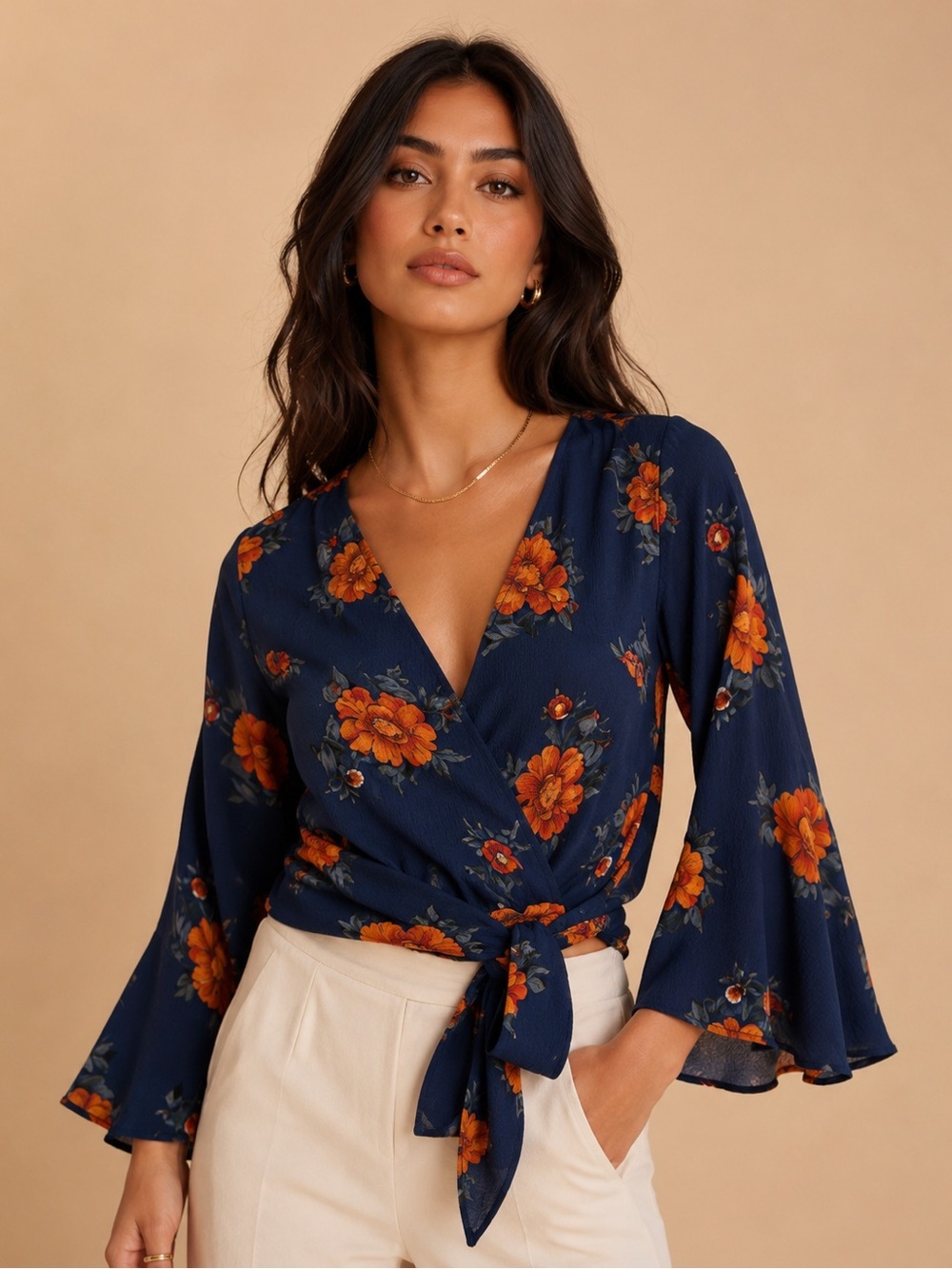 Timing Navy Floral Bell Sleeve Tie Front Wrap Top Medium Boho Chic